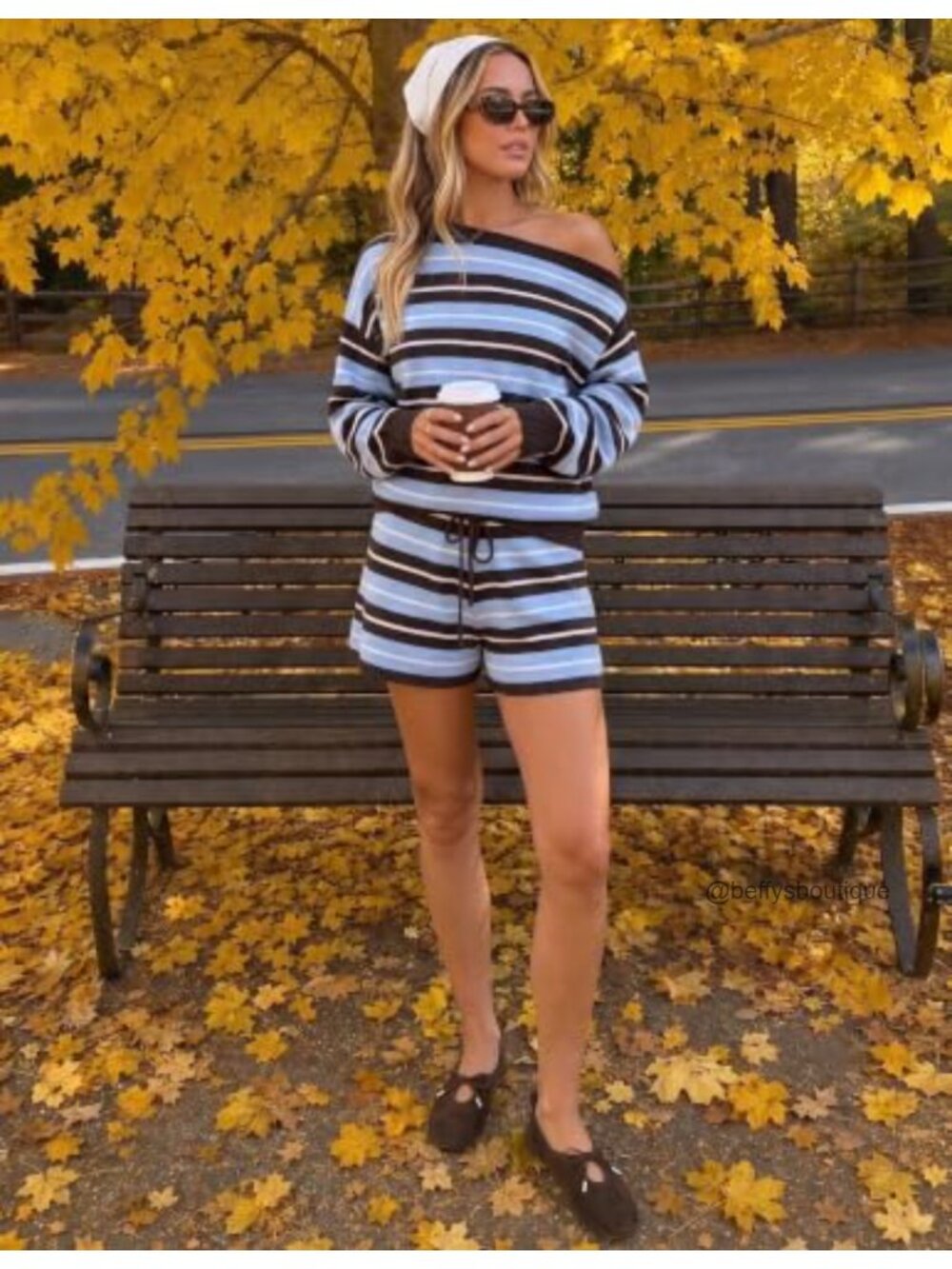 Striped Off-Shoulder Sweater & Shorts Set Knit Loungewear - Picture 2 of 6